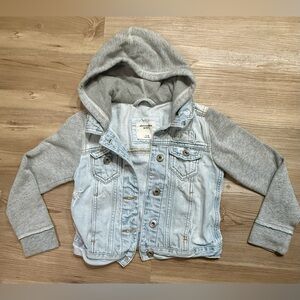 abercrombie kids Light Wash Denim Jacket with Gray Hooded Sleeves Distressed